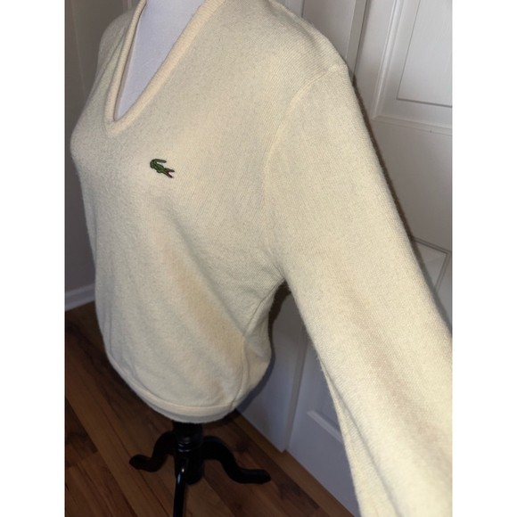 Vintage Izod Lacoste Wool Sweater V-Neck Cream L Crocodile Logo - Picture 3 of 8